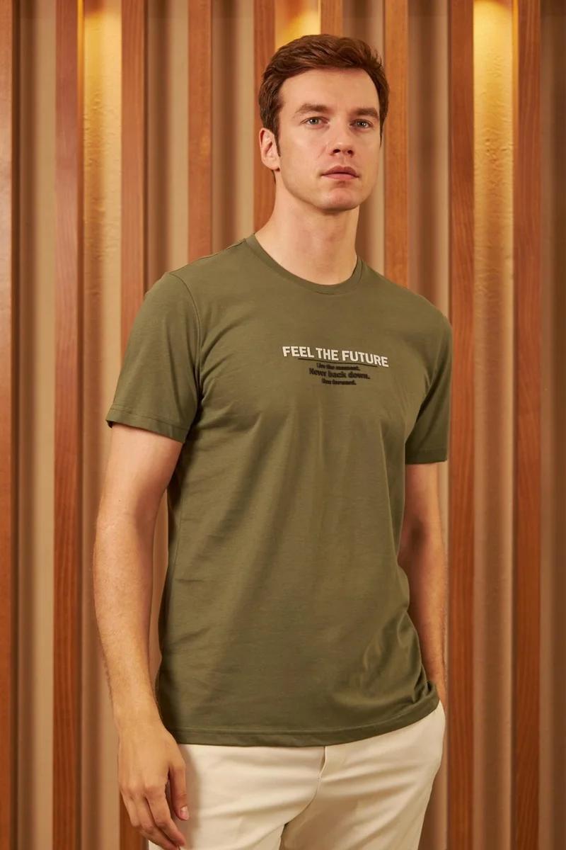Odelon Men's Comfort Fit Printed Cotton T-Shirt Khaki Feel The Future MARS12