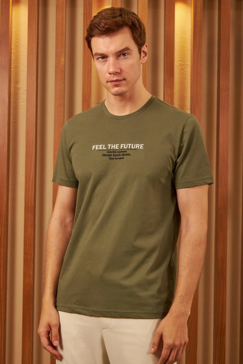 Odelon Men's Comfort Fit Printed Cotton T-Shirt Khaki Feel The Future MARS12
