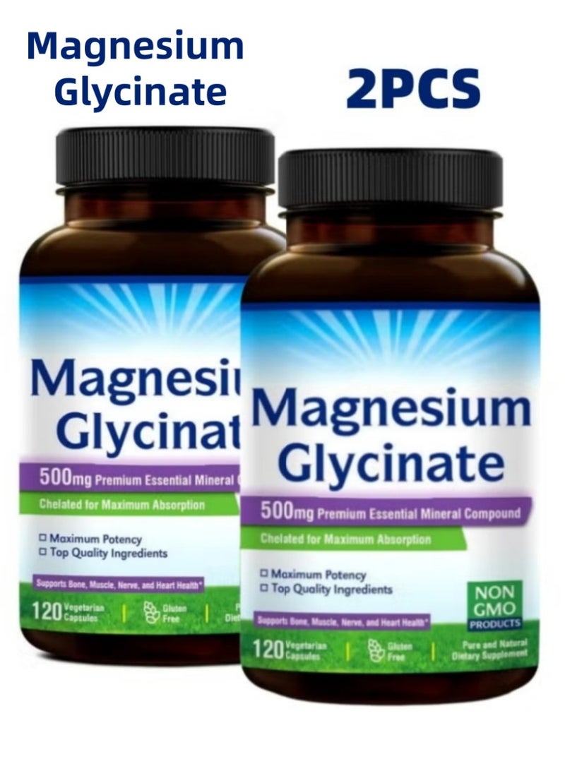 Magnesium Glycinate Supplement 500mg, High Absorption, Vegan, 120 Capsules, 2-Pack