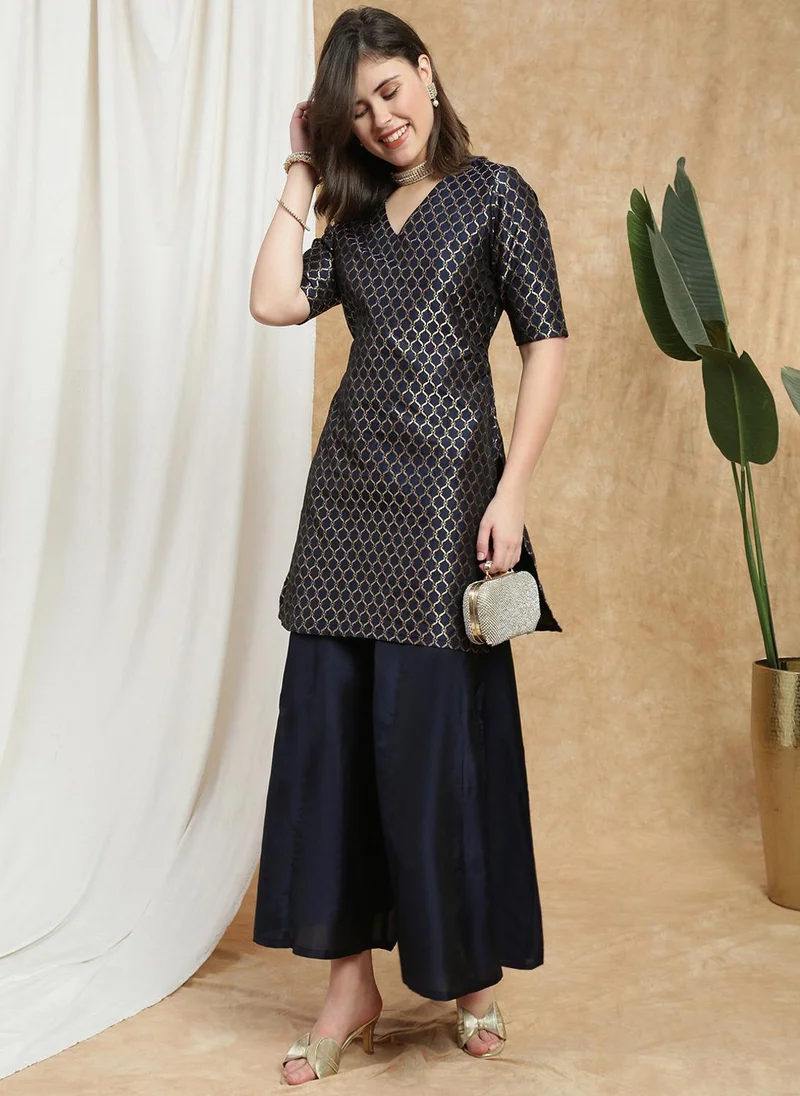 globus Globus Women Navy Blue V-Neck Short Sleeves Brocade Jaal Print Kurti With Flared Palazzo Festive Set