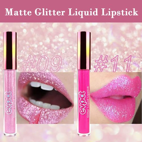 evpct 2Pcs Rose & Hot Pink Glitter Metallic Shimmer Diamond Lipstick Lip Gloss Set for Women Long Lasting Waterproof, Light Bright Rose Pink Sparkle Glitter Matte Liquid Lipstick Lip Makeup Kit - Image 3