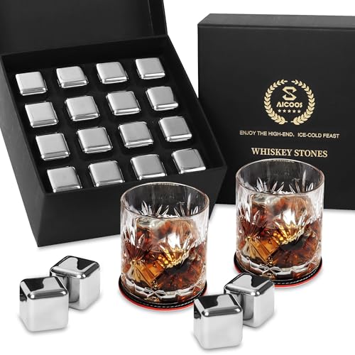 SAICOOS Gifts for Men Dad - Whiskey Stones Reusable Metal Steel Ice Cubes Set - Him or Husband White Elephant Stocking Stuffers for Adults Man - Cool Bourbon Anniversary Funny (16Pcs Ice) - Image 1