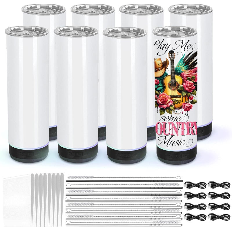 Micellwuu 8 Pack 20Oz Music Speaker Tumbler Sublimation Tumbler Blanks Skinny Straight Double Wall Insulated Music Coffee Mug with Detachable LED Light Speaker CupBlack