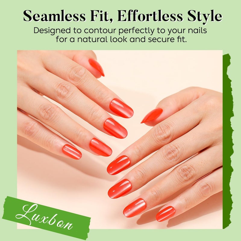 Luxbon Press On Nails Acrylic Short Rounded with No-Cure Nail Glue and Tool Kit - Stick On Nails Cat Eye Soft Gel Tips 25-30 Pieces Full Size Set, Reusable Fake Nails, Red Storage & transit friendly - Image 4