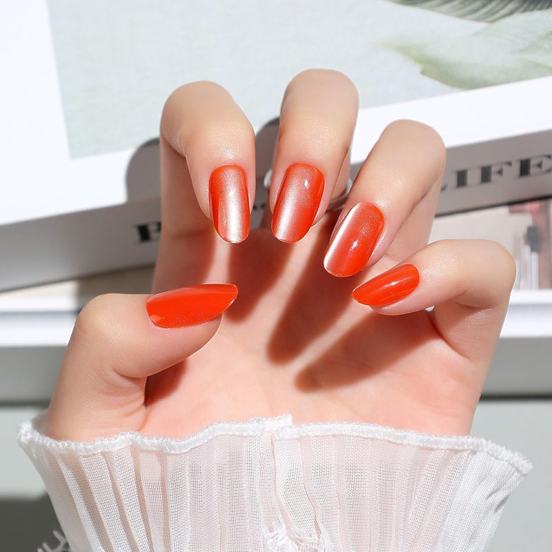Luxbon Press On Nails Acrylic Short Rounded with No-Cure Nail Glue and Tool Kit - Stick On Nails Cat Eye Soft Gel Tips 25-30 Pieces Full Size Set, Reusable Fake Nails, Red Storage & transit friendly - Image 5