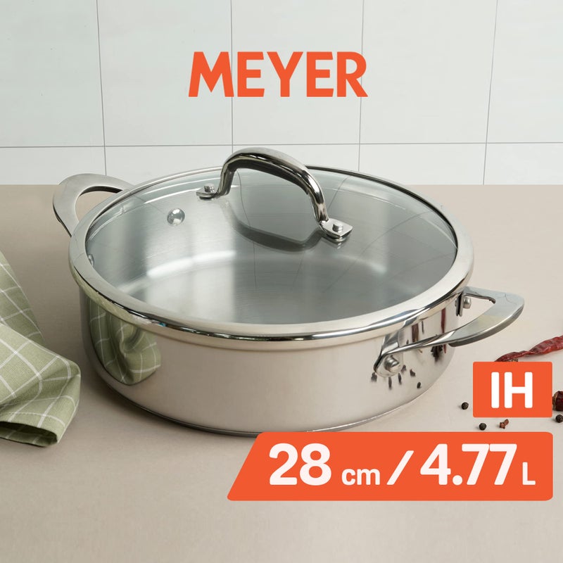 Meyer Select Nickel Free Stainless Steel Sauteuse with Glass Lid | Steel Saute Pan with Triply Base| Frying Pan with Lid | Gas and Induction Suitable | 28cm/ 4.77 Litre, Silver - Image 2