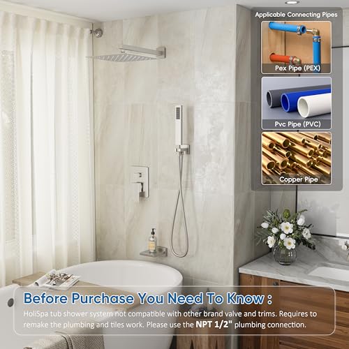 HoliSpa Shower System with Tub Spout, All Metal Tub Shower Faucet Set with 10" Rain Shower Head and Handheld Spray combo, Wall Mounted Tub Shower Systems with Valve and Trim Kit, Brushed Nickel - Image 2