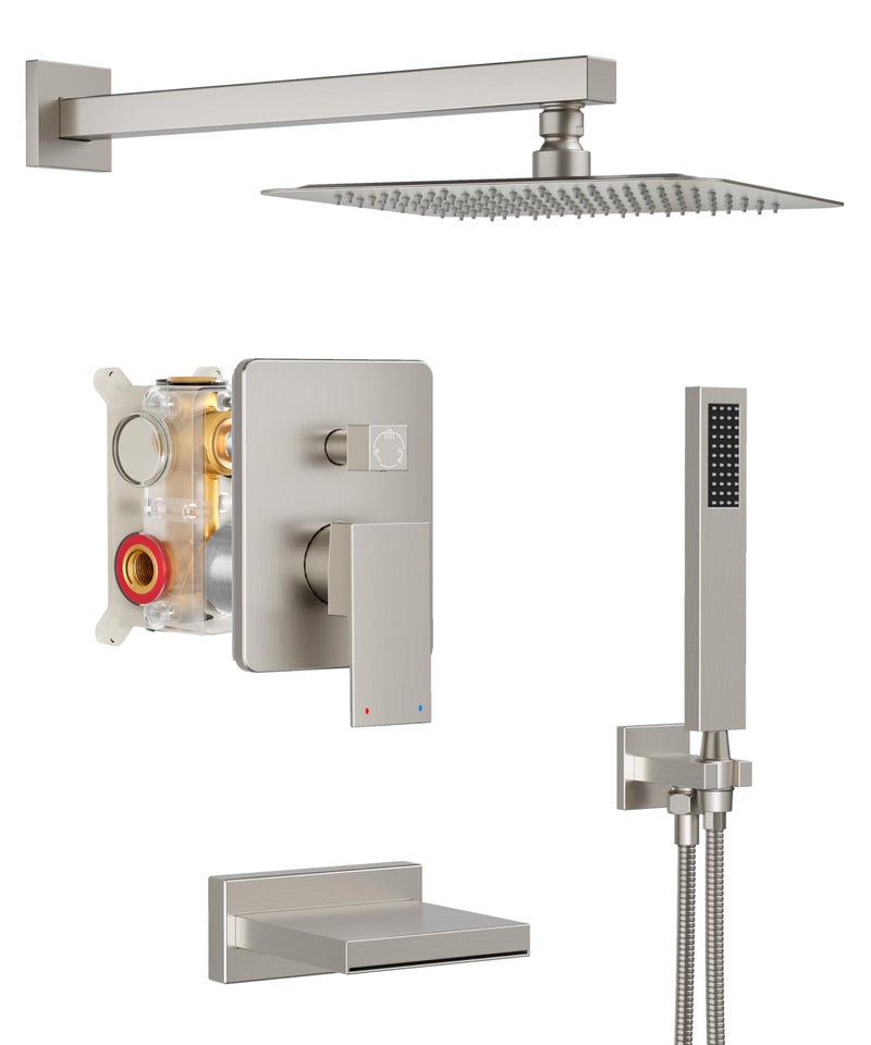 HoliSpa Shower System with Tub Spout, All Metal Tub Shower Faucet Set with 10" Rain Shower Head and Handheld Spray combo, Wall Mounted Tub Shower Systems with Valve and Trim Kit, Brushed Nickel - Image 1
