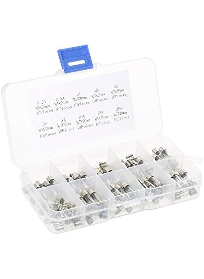 BWSJ 100 5x20mm Fastblow Glass Tube Fuses Assorted Kit Amp 0.2A 0.5A 1A 2A 3A 5A 8A 10A 15A 20A - Image 1