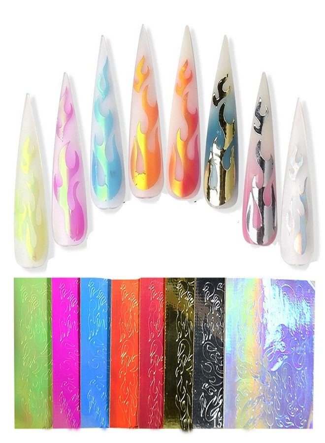 YesLady Nail Art 3D Holographic Fire Flame Stickers DIY Adhesive Laser Manicure Decals Stripe Tape 16PCS - Image 1