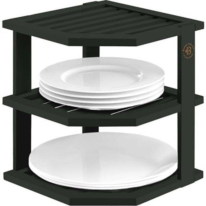 Cabinet Organizer Shelf - Bamboo Corner Rack for Kitchen Counter, Cabinet Space Saver for Plates, Dishes, Bowls, Bread Pantry, Bathroom Storage or Countertop Stand, Black