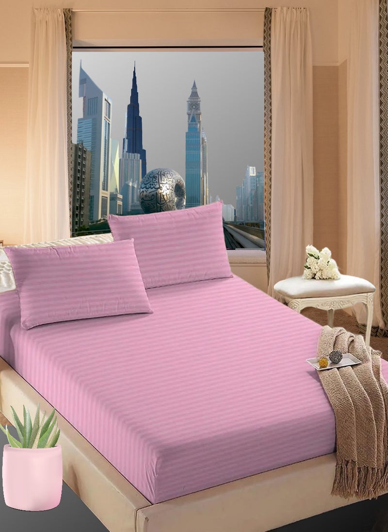 Blueberry Faded Pink Striped Design Bed Sheet Set Deep Pocket Machine Washable 200x200+25cm - Image 1