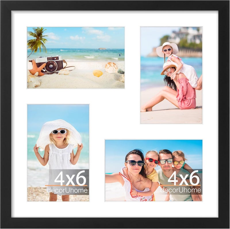 12x12 Picture Frames Collage Wall Decor, Display 4Pcs 4x6 Photos with Mat or 1Pcs 12x12 Unmatted, 4 4x6 Collage Picture Frames for Wall Mounting, Black