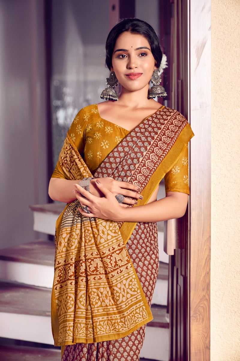 RADHA LAKSHMI Handicrafts Women's Ikat Hand Block Print Pure Soft Cotton Mulmul Saree, with Blouse Piece (Mustard) - Image 3