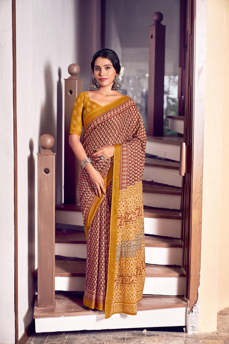 RADHA LAKSHMI Handicrafts Women's Ikat Hand Block Print Pure Soft Cotton Mulmul Saree, with Blouse Piece (Mustard) - Image 2