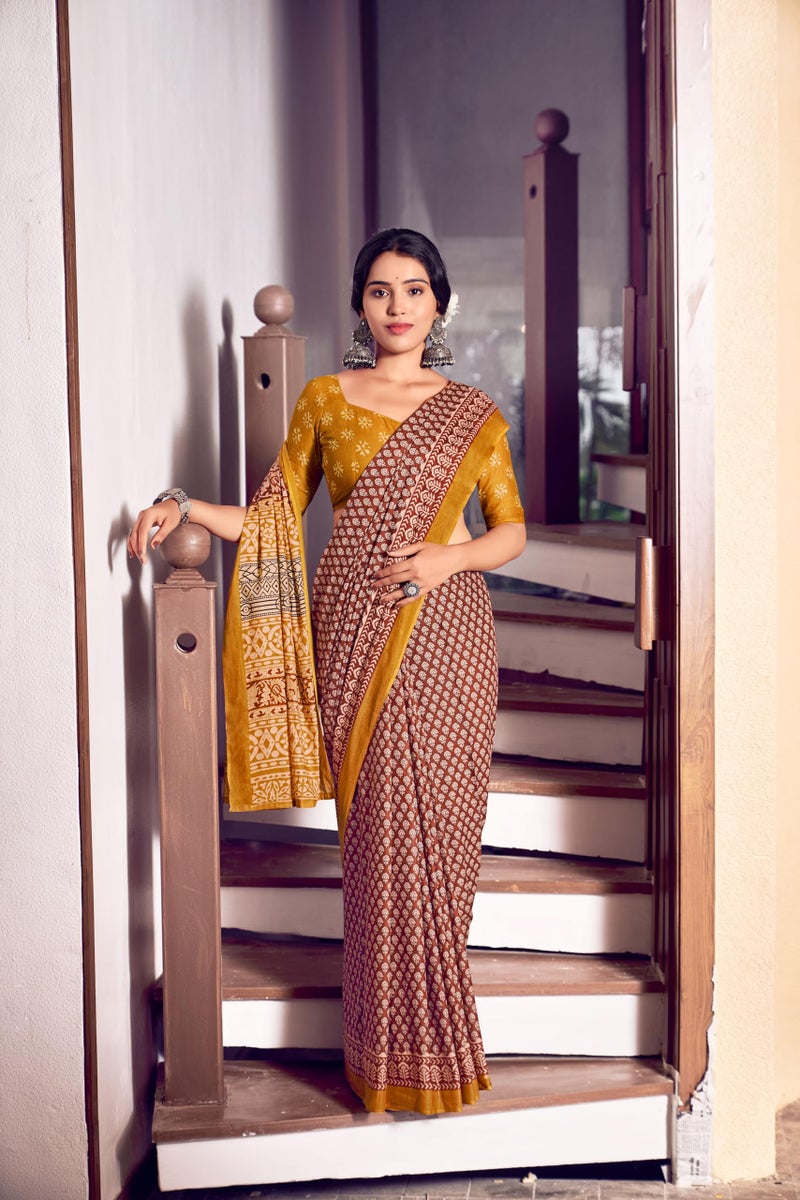 RADHA LAKSHMI Handicrafts Women's Ikat Hand Block Print Pure Soft Cotton Mulmul Saree, with Blouse Piece (Mustard) - Image 4