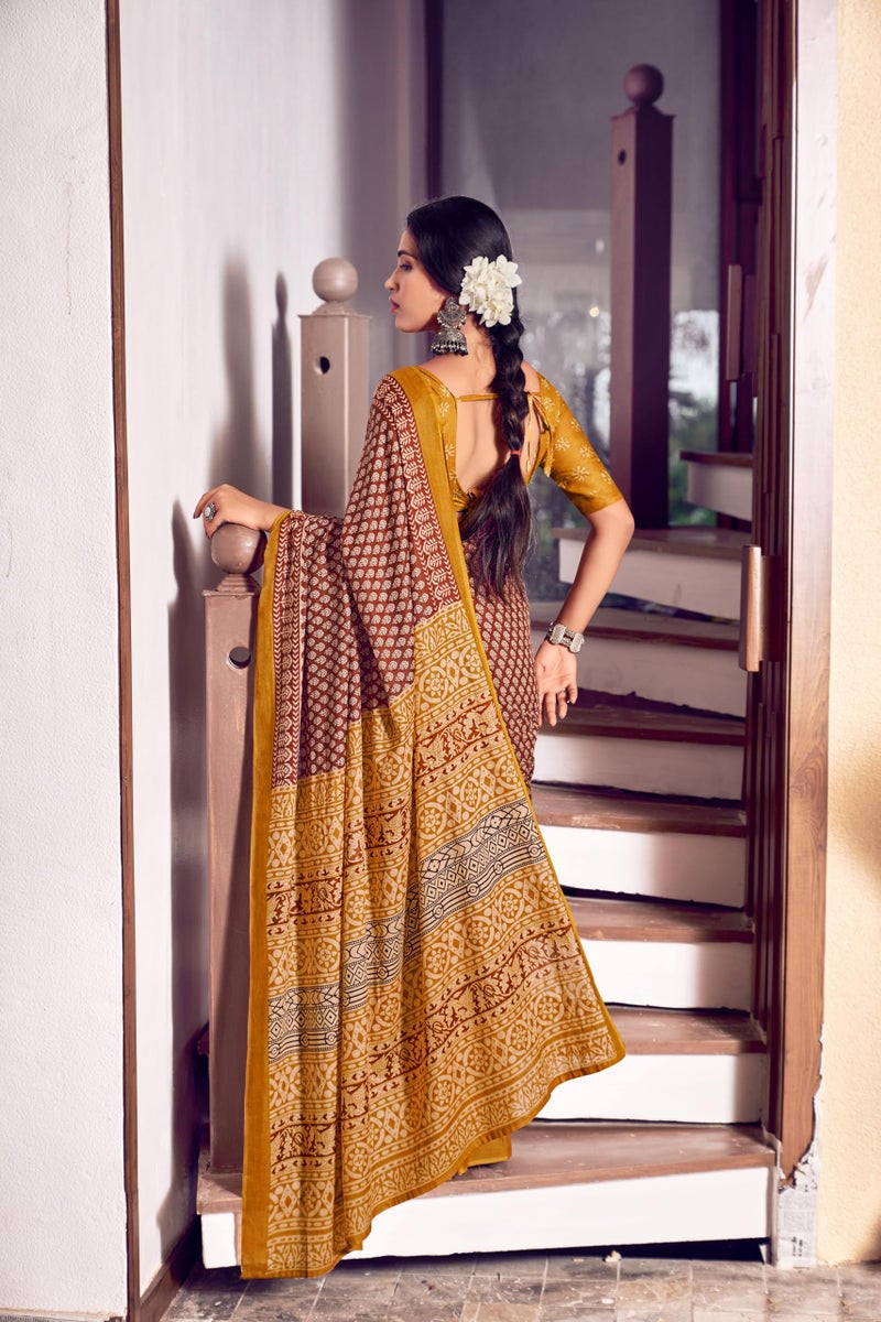 RADHA LAKSHMI Handicrafts Women's Ikat Hand Block Print Pure Soft Cotton Mulmul Saree, with Blouse Piece (Mustard) - Image 5