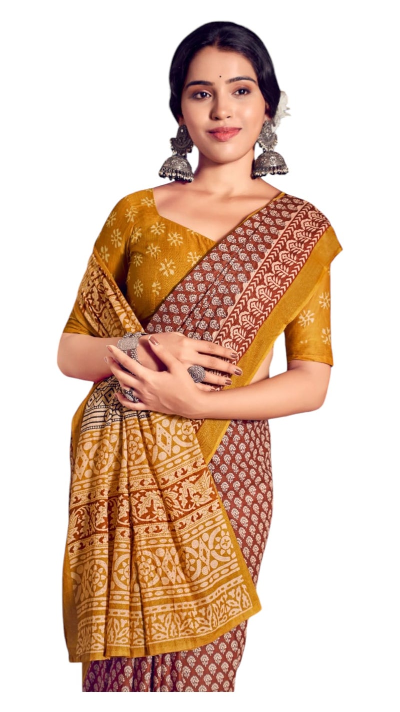 RADHA LAKSHMI Handicrafts Women's Ikat Hand Block Print Pure Soft Cotton Mulmul Saree, with Blouse Piece (Mustard) - Image 1