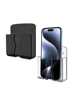 2pcs Wall Mounted Phone Holder, Clear Stand Self Adhesive With Charging Hole Compatible With iPhone and Android Smartphone, Cradle Bedside Organizer Remote Control Stand for Home Office