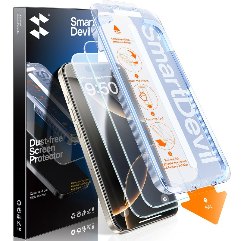 SMARTDEVIL 2 Pack for iPhone 16 Pro Screen Protector, 9H Hardness Military Grade Shatterproof, HD Clear Tempered Glass with Auto Dust-Elimination, Bubble Free, Easy Installation, Case Friendly - Image 1
