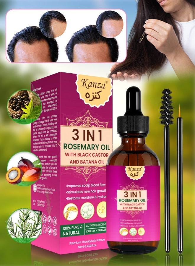 Kanza 3 In 1 Rosemary Oil with Black Castor Oil & Batana Oil for Hair Care Hair Conditioner Oil for Thin Hair Repair Damaged Hair Nourishes Thin Hair Scalp Skin and Loss Hair Growth Fit for All Hair Types - Image 2