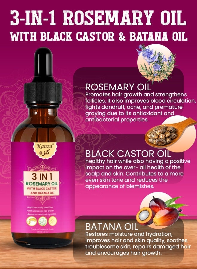 Kanza 3 In 1 Rosemary Oil with Black Castor Oil & Batana Oil for Hair Care Hair Conditioner Oil for Thin Hair Repair Damaged Hair Nourishes Thin Hair Scalp Skin and Loss Hair Growth Fit for All Hair Types - Image 3