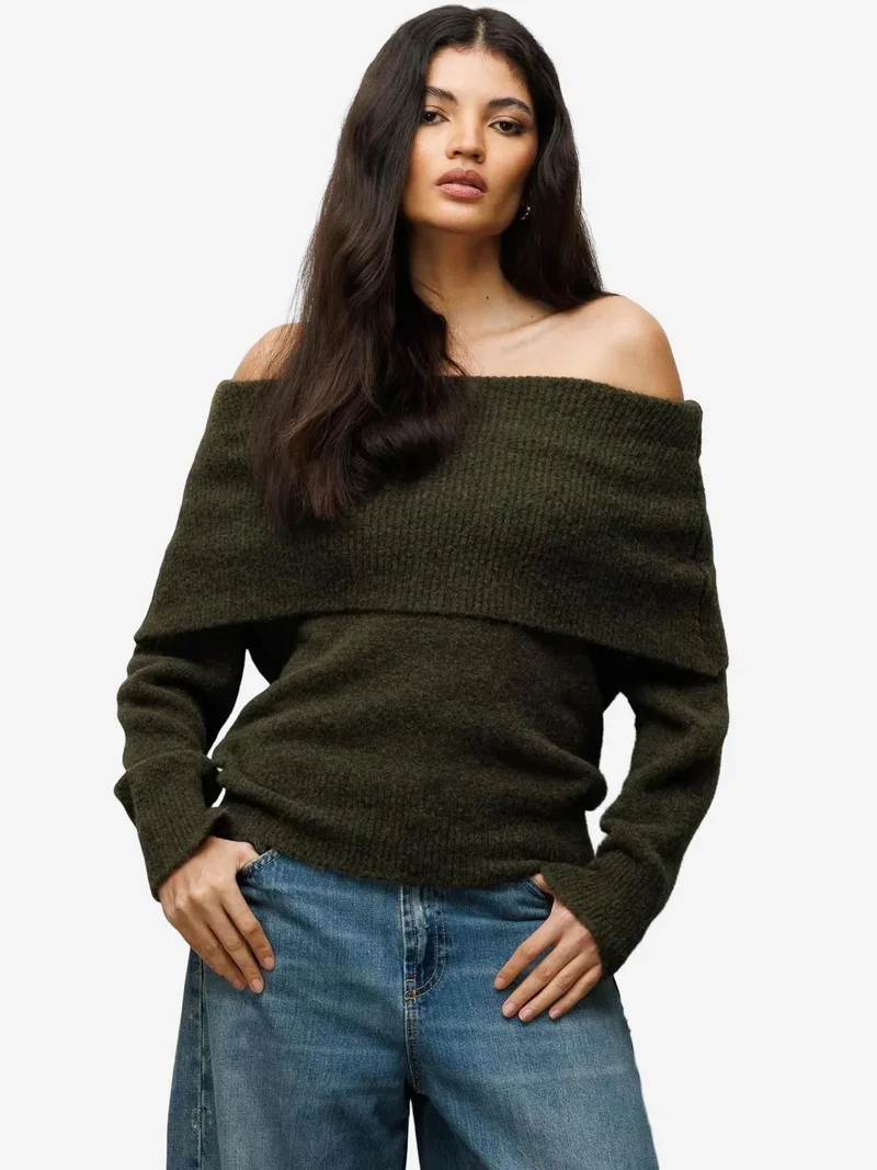 MixRay MIXRAY Loose Fit Ribbed Madonna Collar Sweater