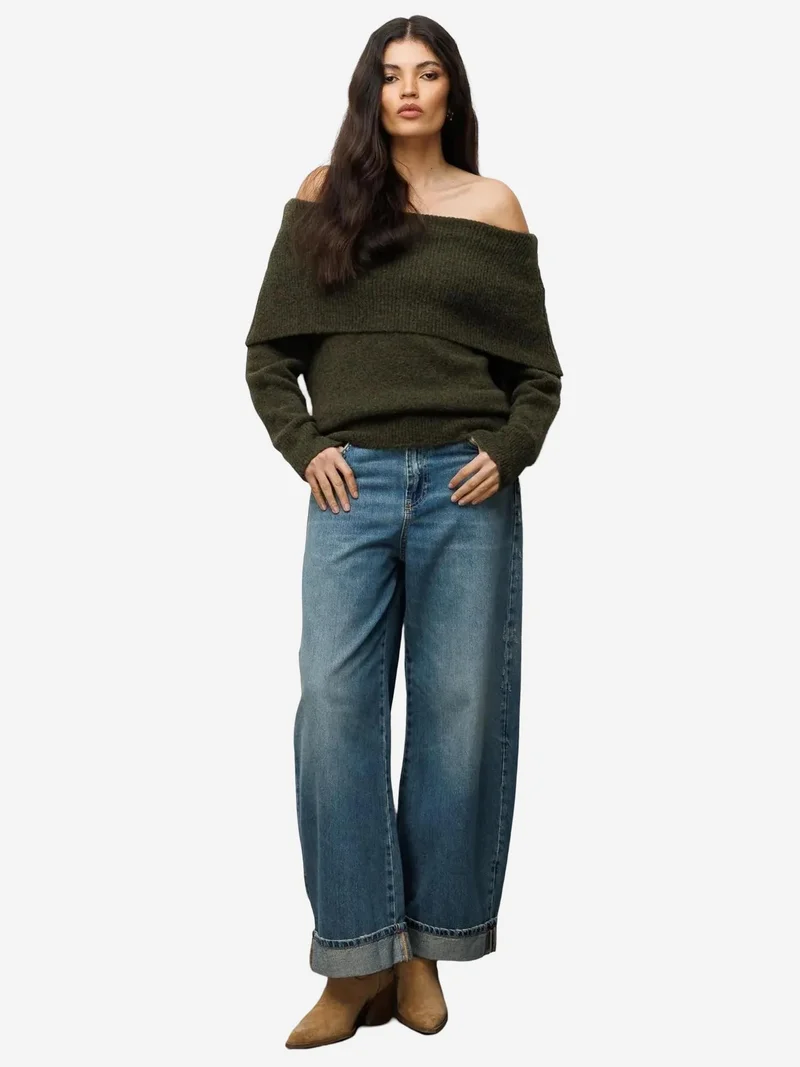 MixRay MIXRAY Loose Fit Ribbed Madonna Collar Sweater