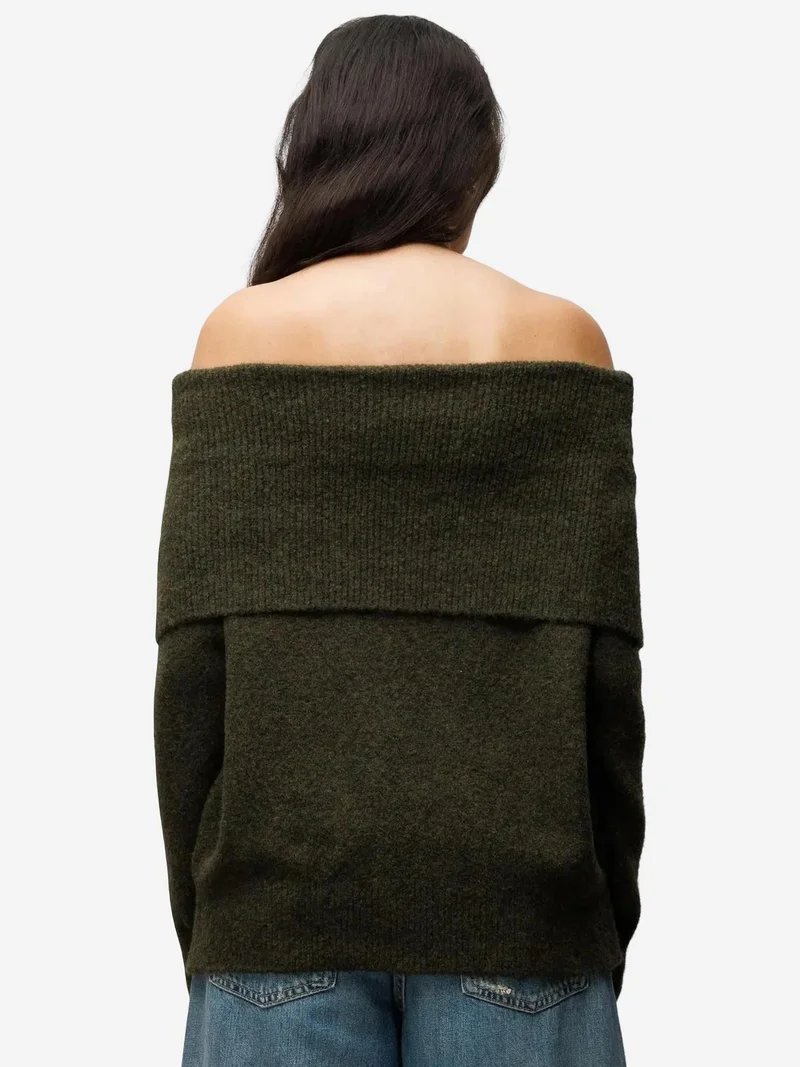 Mixray Khaki Green MIXRAY Loose Fit Ribbed Madonna Collar Sweater for Women | Best Price UAE
