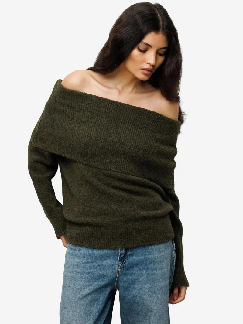 Mixray Khaki Green MIXRAY Loose Fit Ribbed Madonna Collar Sweater for Women | Best Price UAE
