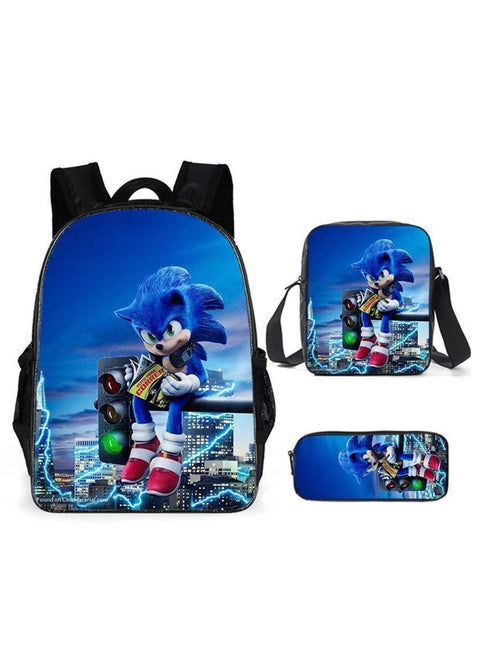 Polyester 3D Sonic Printed 3 In1 School Backpack with Shoulder Bag and Pencil Case for Kids - (15.7in) Set of 3 Pieces (A)