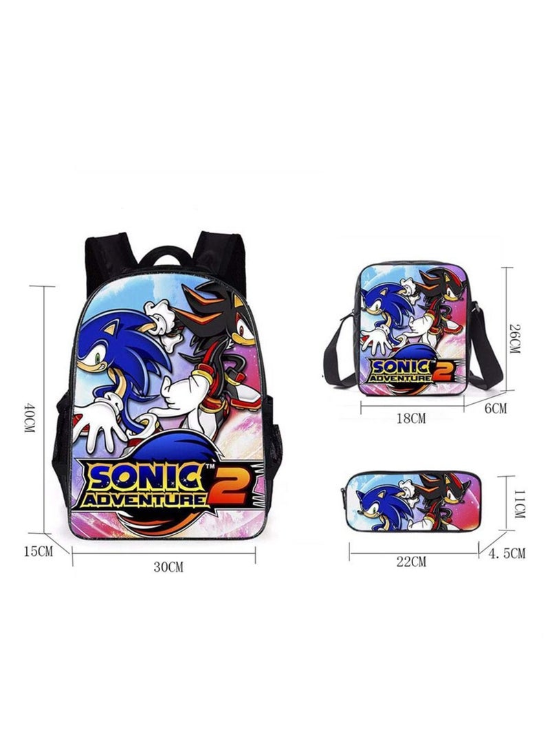 Generic - Polyester 3D Sonic Printed 3 In1 School Backpack with Shoulder Bag and Pencil Case for Kids - (15.7in) Set of 3 Pieces (A) - Image 1