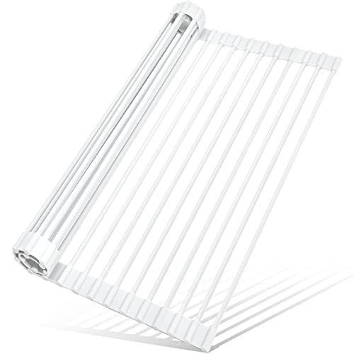 MERRYBOX Roll Up Dish Drying Rack Silicone Wrapped Over The Sink Dish Rack Foldable Dish Drainer AntiSlip Dish Racks for Kitchen Sink Multipurpose Kitchen Sink Drying Rack 175 x 13 White