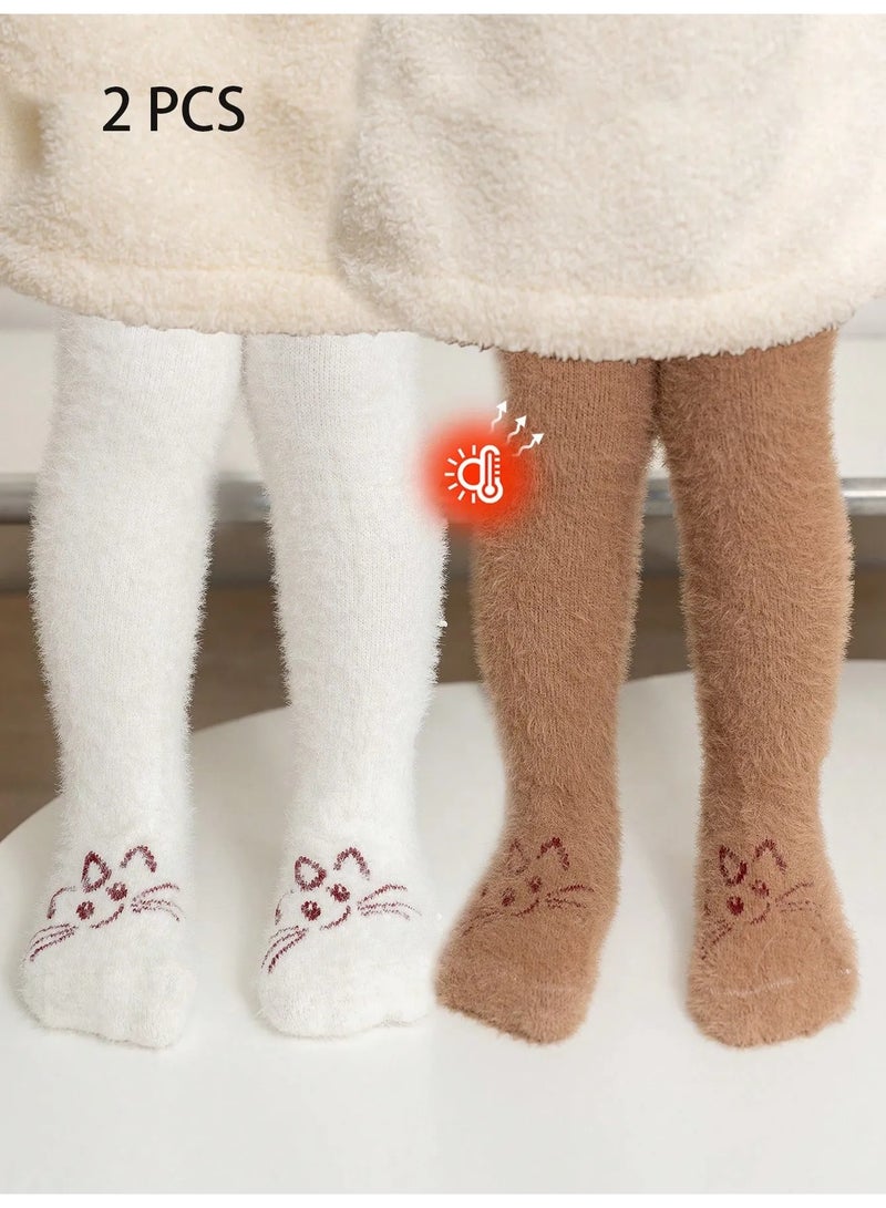 Winter leggings for children, set of 2 pairs featuring a cute cat design. Made from soft and comfortable faux fur that is gentle on the child’s skin, with a comfortable elastic waistband for easy wear. These slim-fit winter leggings provide a warm and cozy feel during cold weather and are suitable for children aged 2–4 years. - Image 2