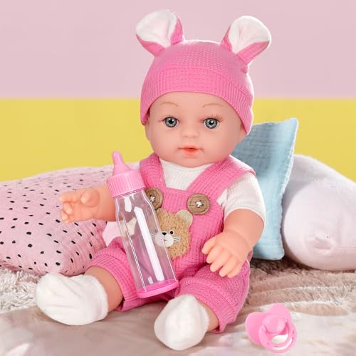 DOTVOSY 12 Baby Doll With Bear Pattern Backpack Carrier In Gift Box12 Inch Realistic Baby Dolls With Clothes And Accessories Hanky Pacifier Bottle Pretend Baby Care Toy Collection For Child Toddler 3 Gifts - Image 5