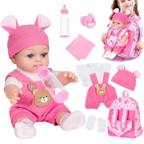 DOTVOSY 12 Baby Doll With Bear Pattern Backpack Carrier In Gift Box12 Inch Realistic Baby Dolls With Clothes And Accessories Hanky Pacifier Bottle Pretend Baby Care Toy Collection For Child Toddler 3 Gifts - Image 1