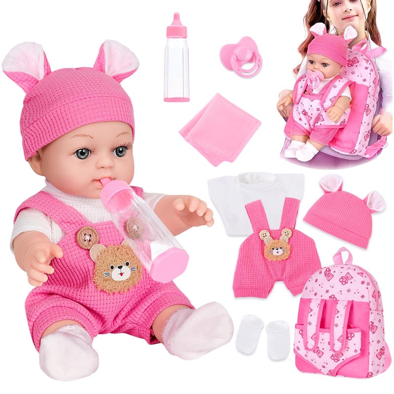 DOTVOSY 12 Baby Doll With Bear Pattern Backpack Carrier In Gift Box12 Inch Realistic Baby Dolls With Clothes And Accessories Hanky Pacifier Bottle Pretend Baby Care Toy Collection For Child Toddler 3 Gifts - Image 3