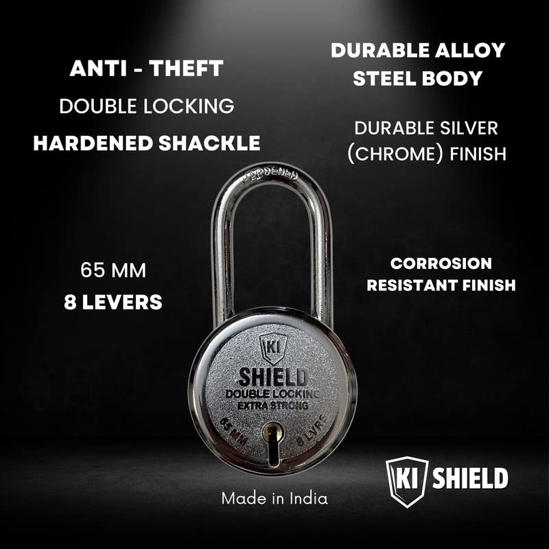 KI SHIELD 65mm Long Shackle 1004 Steel Padlock | Heavy Duty Keyed Lock for Indoor & Outdoor Security | Rust Resistant, Hardened Steel Body, Safety Lock for Door, Gate, Warehouse & Storage (1 pc) - Image 1