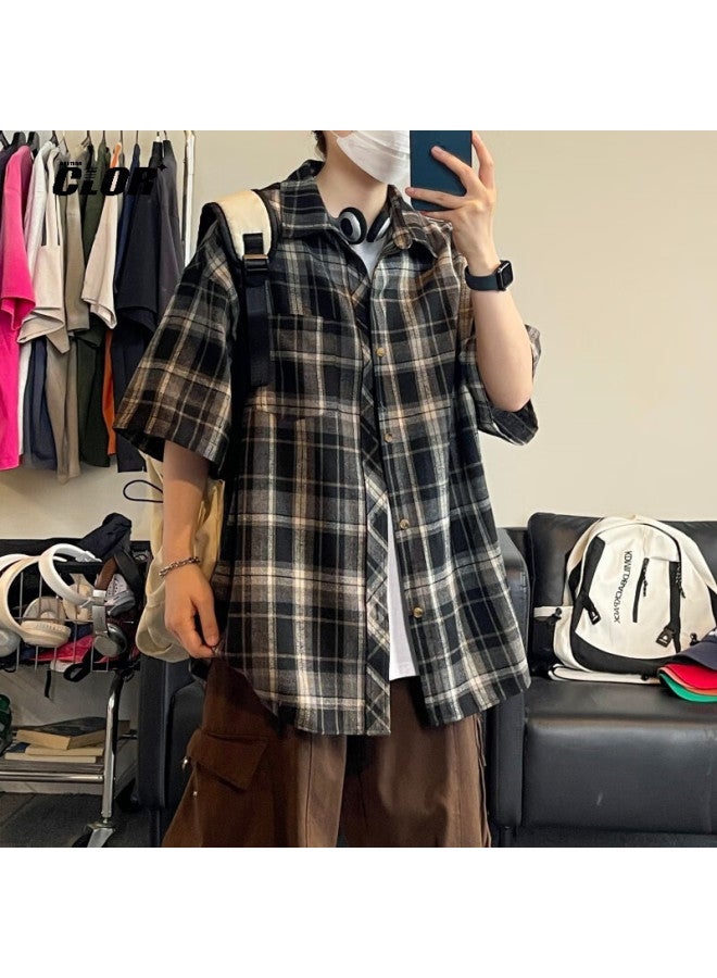 Clor American-style Casual Retro Loose Shirt, Summer Plaid Trendy Thin Short-sleeve Jacket, Clcx06, Black, XL - Image 2