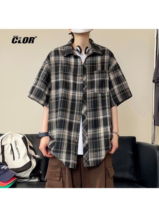 Clor American-style Casual Retro Loose Shirt, Summer Plaid Trendy Thin Short-sleeve Jacket, Clcx06, Black, XL - Image 3