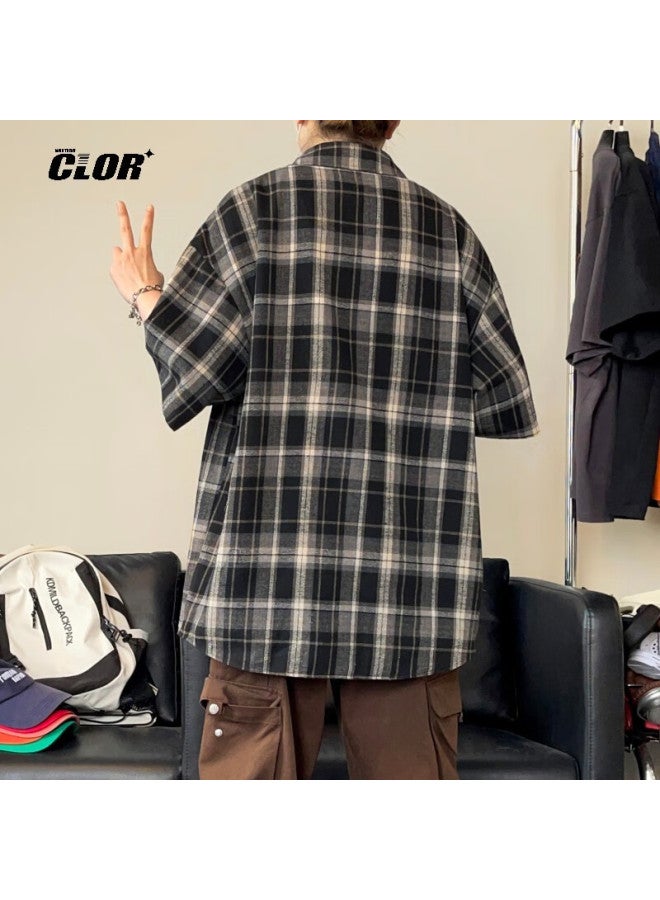 Clor American-style Casual Retro Loose Shirt, Summer Plaid Trendy Thin Short-sleeve Jacket, Clcx06, Black, XL - Image 4