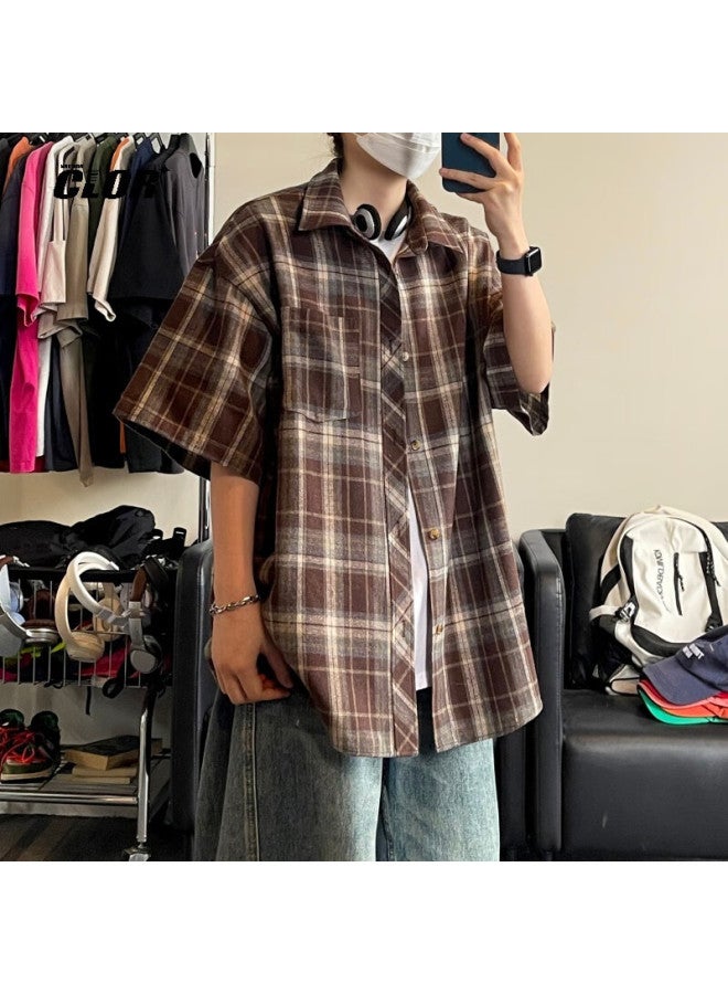 Clor American-style Casual Retro Loose Shirt, Summer Plaid Trendy Thin Short-sleeve Jacket, Clcx06, Black, XL - Image 5