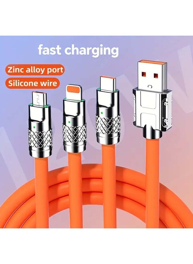 Generic - 3-in-1 USB Super Fast Charger Cable  120W   1.2 Meter Super Soft Silicone Universal USB Charging Cable with Lightning Type C USB Port  For IPhone  And Other Devices At Full Speed - Image 1