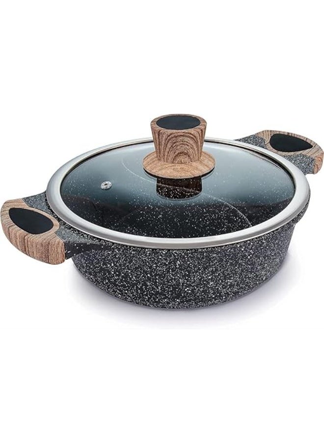 Divided Granite Pan – 28 cm,granite pan with two sections, borosilicate glass lid, bamboo heat-resistant handles, and wooden insulated grip, perfect for even cooking, healthy meals. - Image 2