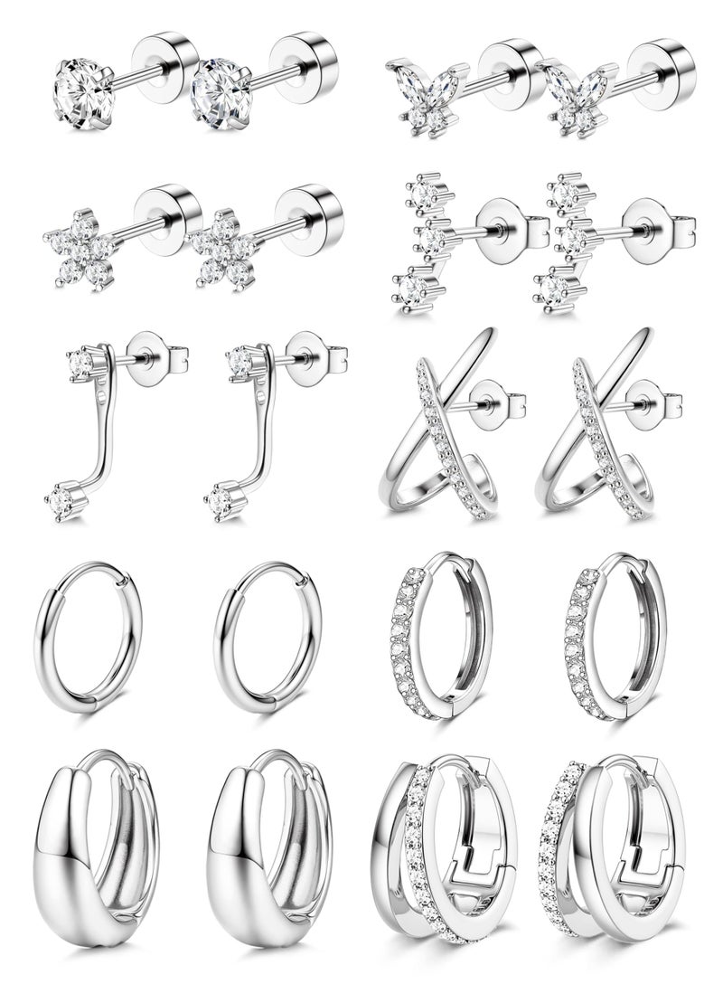 BESTEEL Hypoallergenic Flat Back Earrings for Women - 14K Gold Plated Surgical Steel Earring Stacks Set CZ Stud Huggie Hoop Earings for Cartilage Tragus Helix Sensitive Ears Silver Plated Jewelry 20G - Image 1