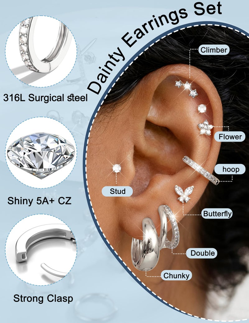 BESTEEL Hypoallergenic Flat Back Earrings for Women - 14K Gold Plated Surgical Steel Earring Stacks Set CZ Stud Huggie Hoop Earings for Cartilage Tragus Helix Sensitive Ears Silver Plated Jewelry 20G - Image 2