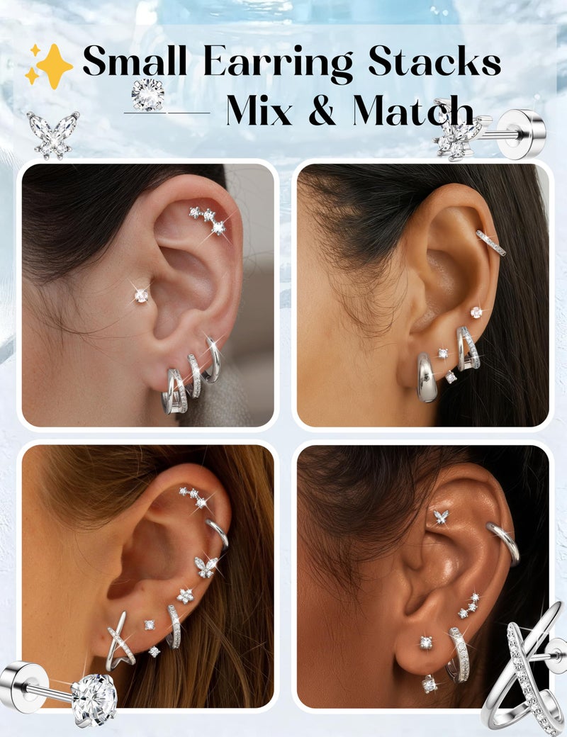 BESTEEL Hypoallergenic Flat Back Earrings for Women - 14K Gold Plated Surgical Steel Earring Stacks Set CZ Stud Huggie Hoop Earings for Cartilage Tragus Helix Sensitive Ears Silver Plated Jewelry 20G - Image 4