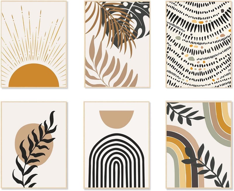 KBKBART Light sturdy raw material Boho Wall Art Prints, Set of 6, Modern Prints, Neutral Geometric Boho Wall Art, Sun, Moon, Palm Leaf, Rainbow, Beige, Canvas Art Prints, Minimalist Gallery Wall Posters for Organized shipment arrange - Image 1