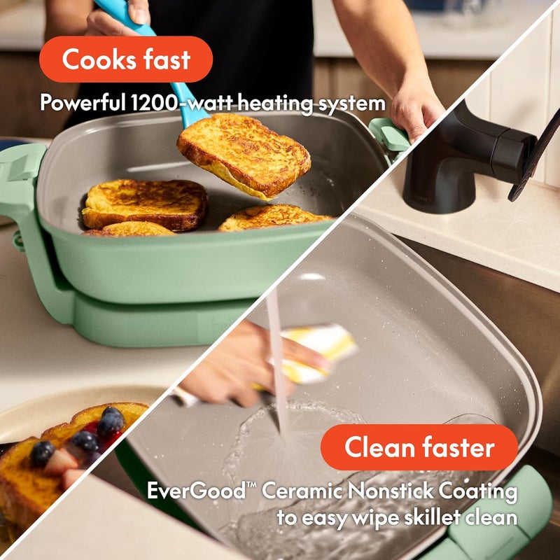 Bella Make & Take Electric Skillet, Fits-anywhere™ kitchenware, EverGood™ Ceramic Coating, Adjustable Temperature & Dishwasher-Safe Tempered Glass Lid, Cast Aluminum Base, 1200 Watt, Seaglass - Image 4