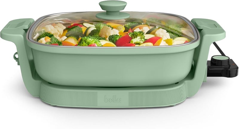 Bella Make & Take Electric Skillet, Fits-anywhere™ kitchenware, EverGood™ Ceramic Coating, Adjustable Temperature & Dishwasher-Safe Tempered Glass Lid, Cast Aluminum Base, 1200 Watt, Seaglass - Image 1